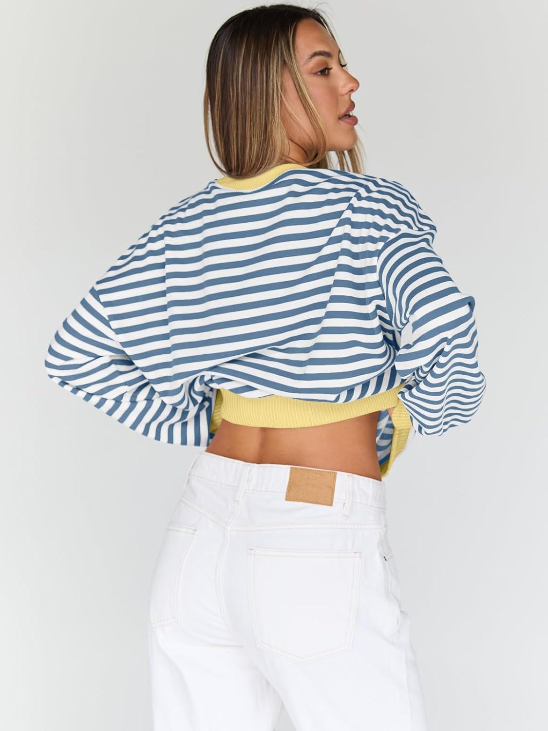 imageTrendy Queen Oversized Sweatshirt for Women 2025 Fall Crewneck Striped Long Sleeve Shirts Hoodies Cute Top Y2K OutfitsBluewhite