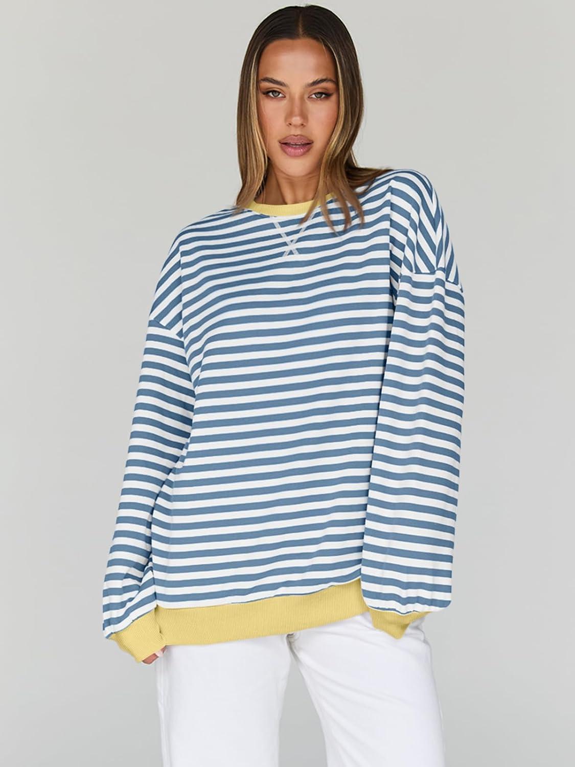 imageTrendy Queen Oversized Sweatshirt for Women 2025 Fall Crewneck Striped Long Sleeve Shirts Hoodies Cute Top Y2K OutfitsBluewhite