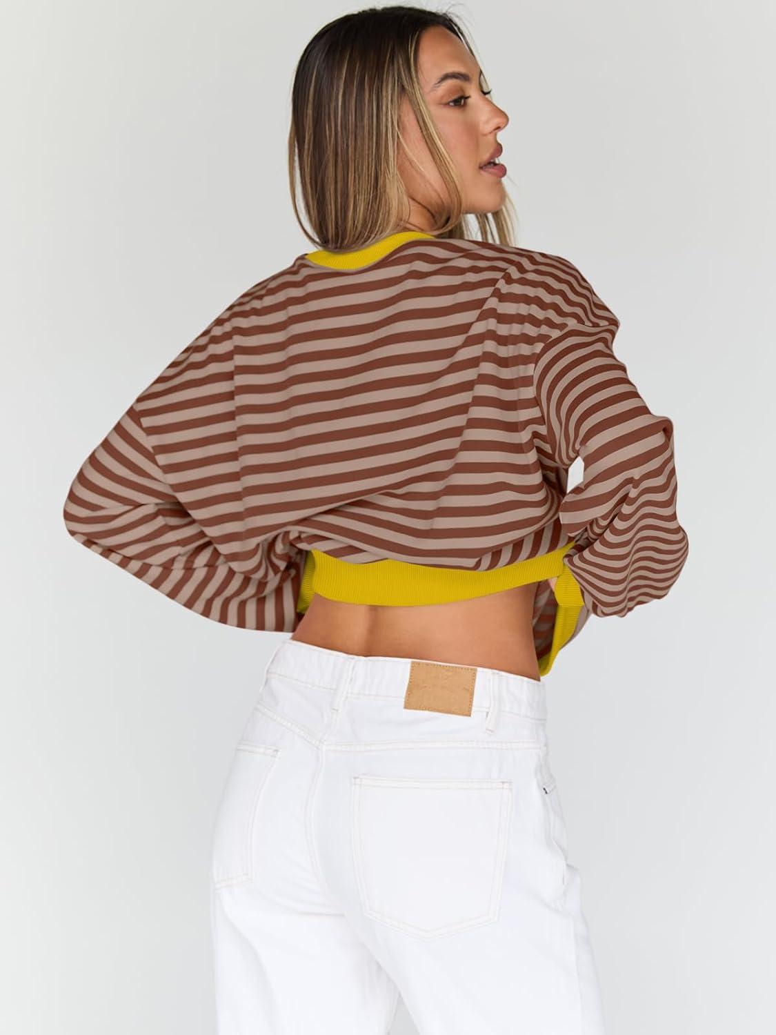 imageTrendy Queen Oversized Sweatshirt for Women 2025 Fall Crewneck Striped Long Sleeve Shirts Hoodies Cute Top Y2K OutfitsBrownkhaki