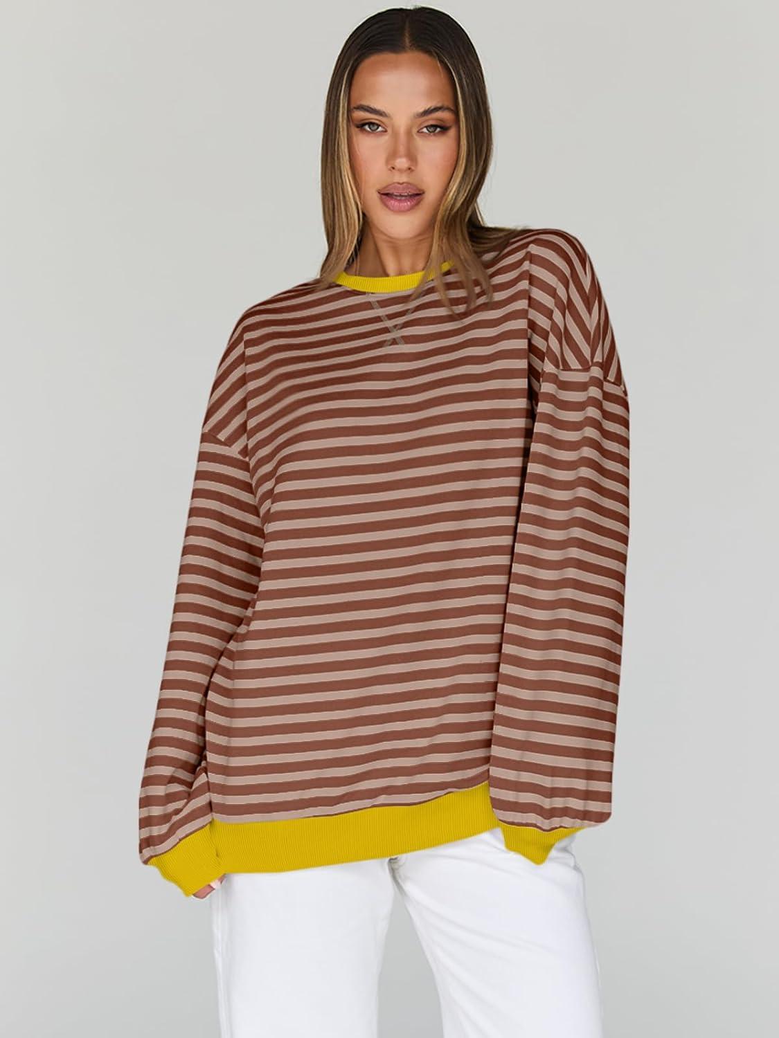 imageTrendy Queen Oversized Sweatshirt for Women 2025 Fall Crewneck Striped Long Sleeve Shirts Hoodies Cute Top Y2K OutfitsBrownkhaki