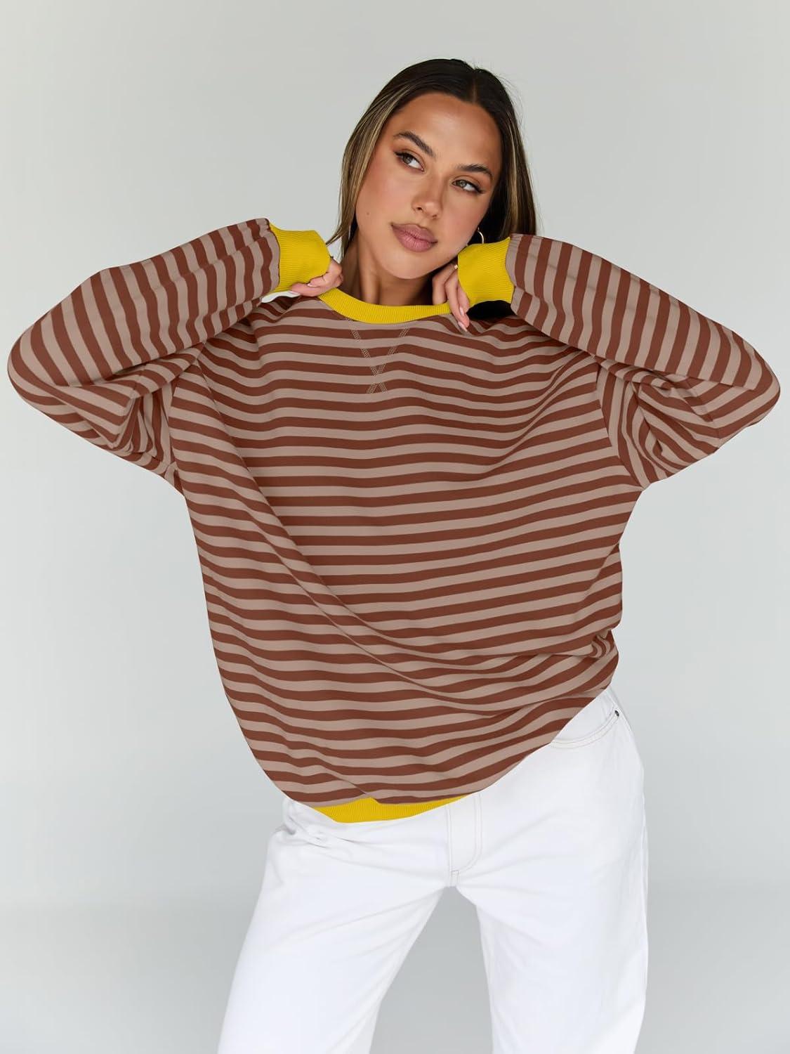 imageTrendy Queen Oversized Sweatshirt for Women 2025 Fall Crewneck Striped Long Sleeve Shirts Hoodies Cute Top Y2K OutfitsBrownkhaki