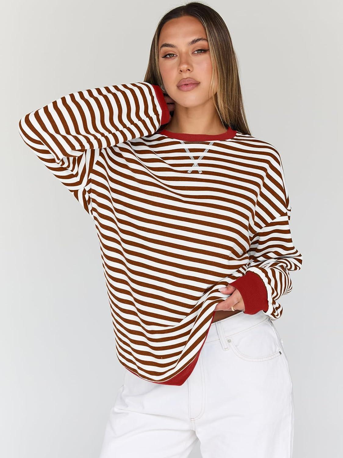 imageTrendy Queen Oversized Sweatshirt for Women 2025 Fall Crewneck Striped Long Sleeve Shirts Hoodies Cute Top Y2K OutfitsBrownwhite