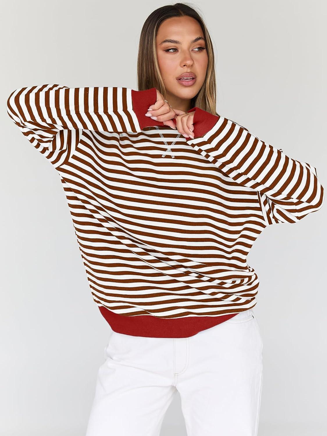 imageTrendy Queen Oversized Sweatshirt for Women 2025 Fall Crewneck Striped Long Sleeve Shirts Hoodies Cute Top Y2K OutfitsBrownwhite