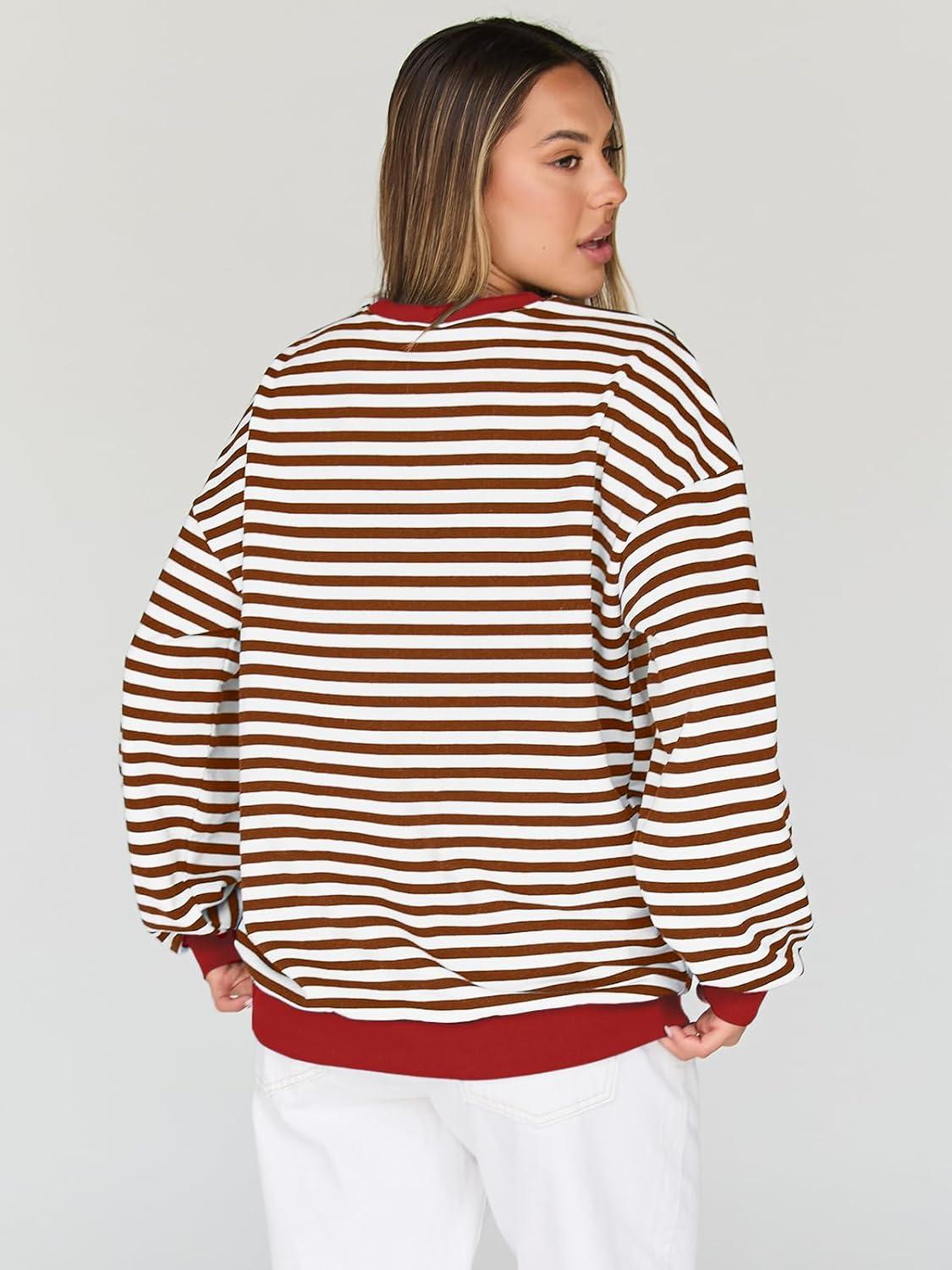 imageTrendy Queen Oversized Sweatshirt for Women 2025 Fall Crewneck Striped Long Sleeve Shirts Hoodies Cute Top Y2K OutfitsBrownwhite