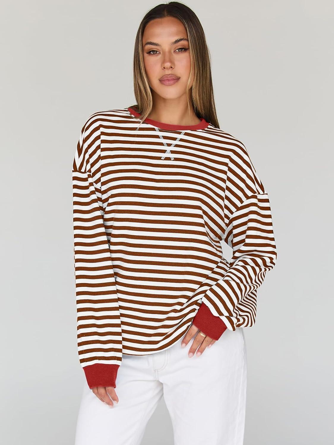 imageTrendy Queen Oversized Sweatshirt for Women 2025 Fall Crewneck Striped Long Sleeve Shirts Hoodies Cute Top Y2K OutfitsBrownwhite