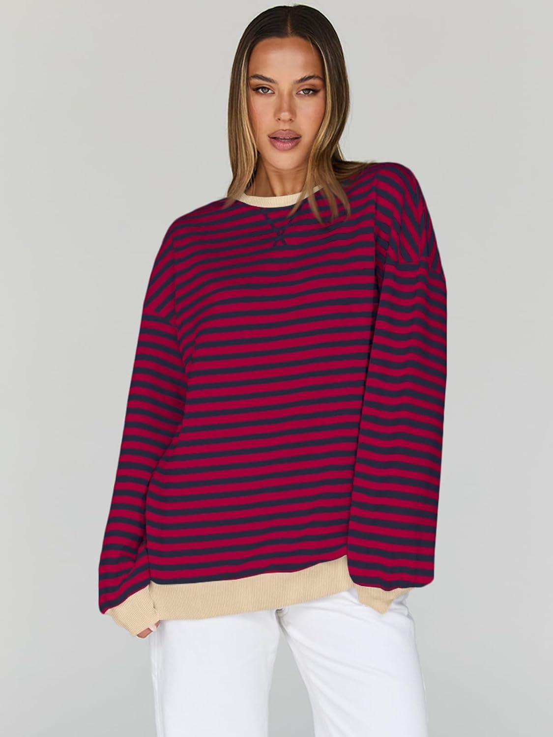 imageTrendy Queen Oversized Sweatshirt for Women 2025 Fall Crewneck Striped Long Sleeve Shirts Hoodies Cute Top Y2K OutfitsBurgundyblue