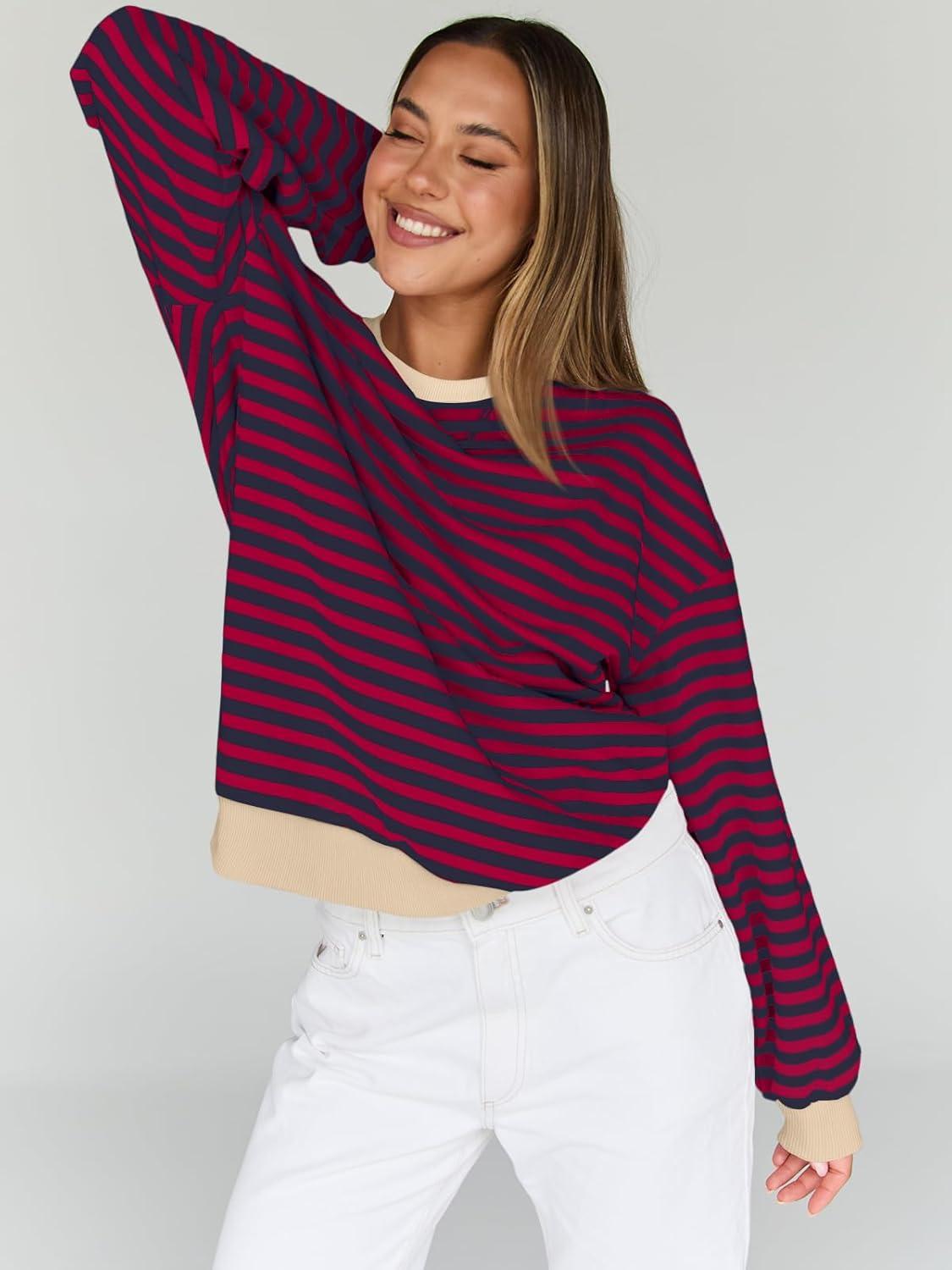 imageTrendy Queen Oversized Sweatshirt for Women 2025 Fall Crewneck Striped Long Sleeve Shirts Hoodies Cute Top Y2K OutfitsBurgundyblue