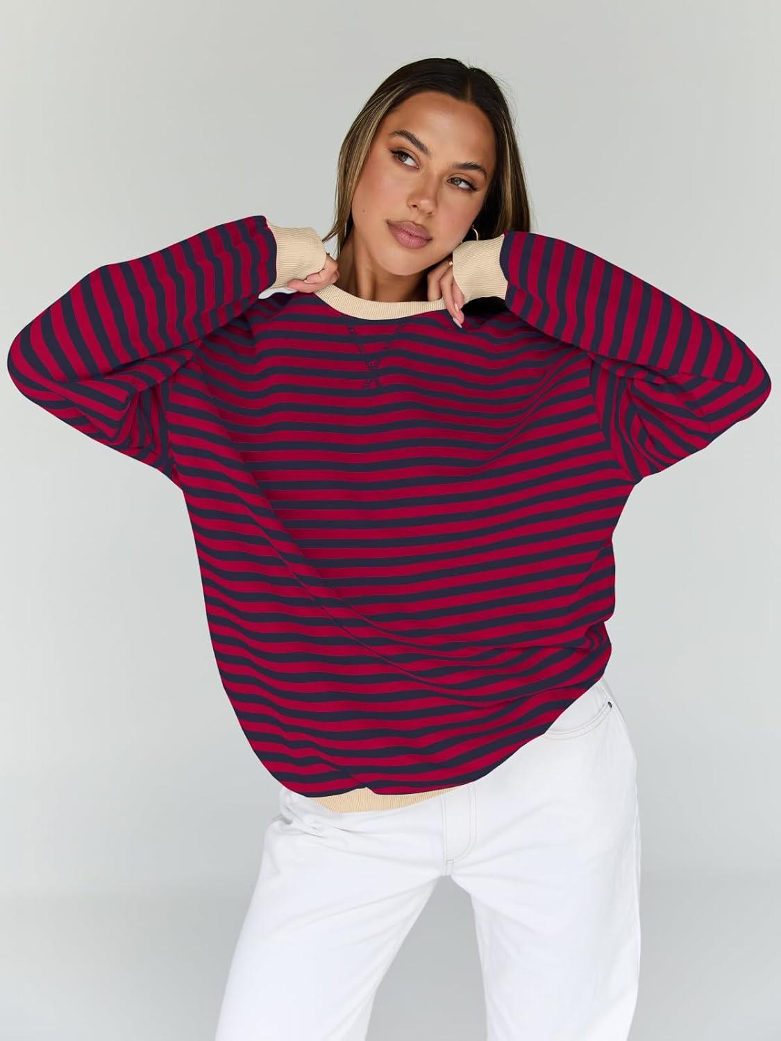 imageTrendy Queen Oversized Sweatshirt for Women 2025 Fall Crewneck Striped Long Sleeve Shirts Hoodies Cute Top Y2K OutfitsBurgundyblue