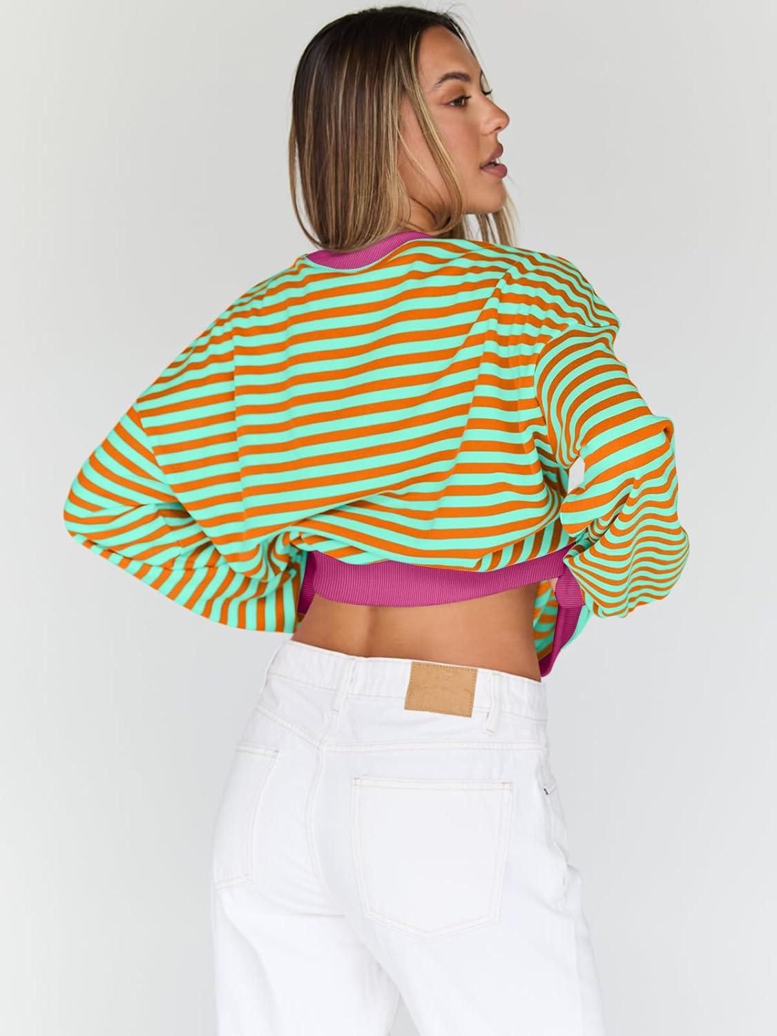 imageTrendy Queen Oversized Sweatshirt for Women 2025 Fall Crewneck Striped Long Sleeve Shirts Hoodies Cute Top Y2K OutfitsOrangegreen