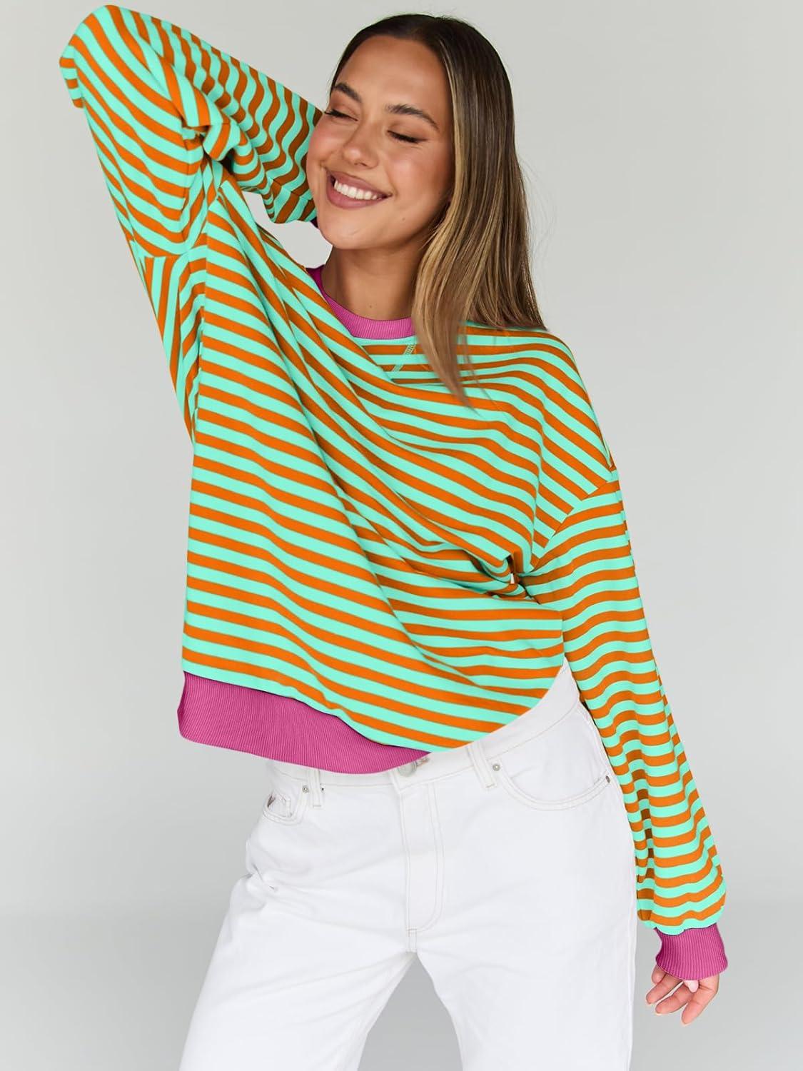 imageTrendy Queen Oversized Sweatshirt for Women 2025 Fall Crewneck Striped Long Sleeve Shirts Hoodies Cute Top Y2K OutfitsOrangegreen