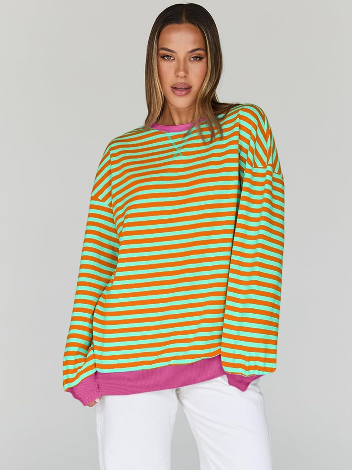 imageTrendy Queen Oversized Sweatshirt for Women 2025 Fall Crewneck Striped Long Sleeve Shirts Hoodies Cute Top Y2K OutfitsOrangegreen