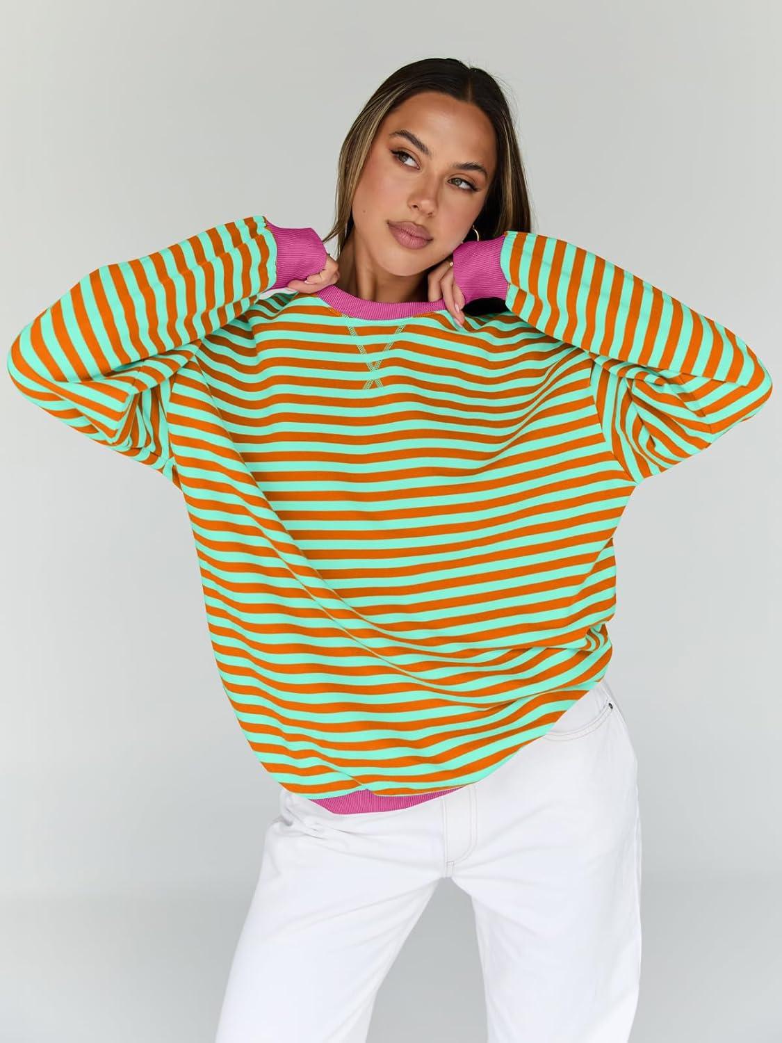 imageTrendy Queen Oversized Sweatshirt for Women 2025 Fall Crewneck Striped Long Sleeve Shirts Hoodies Cute Top Y2K OutfitsOrangegreen