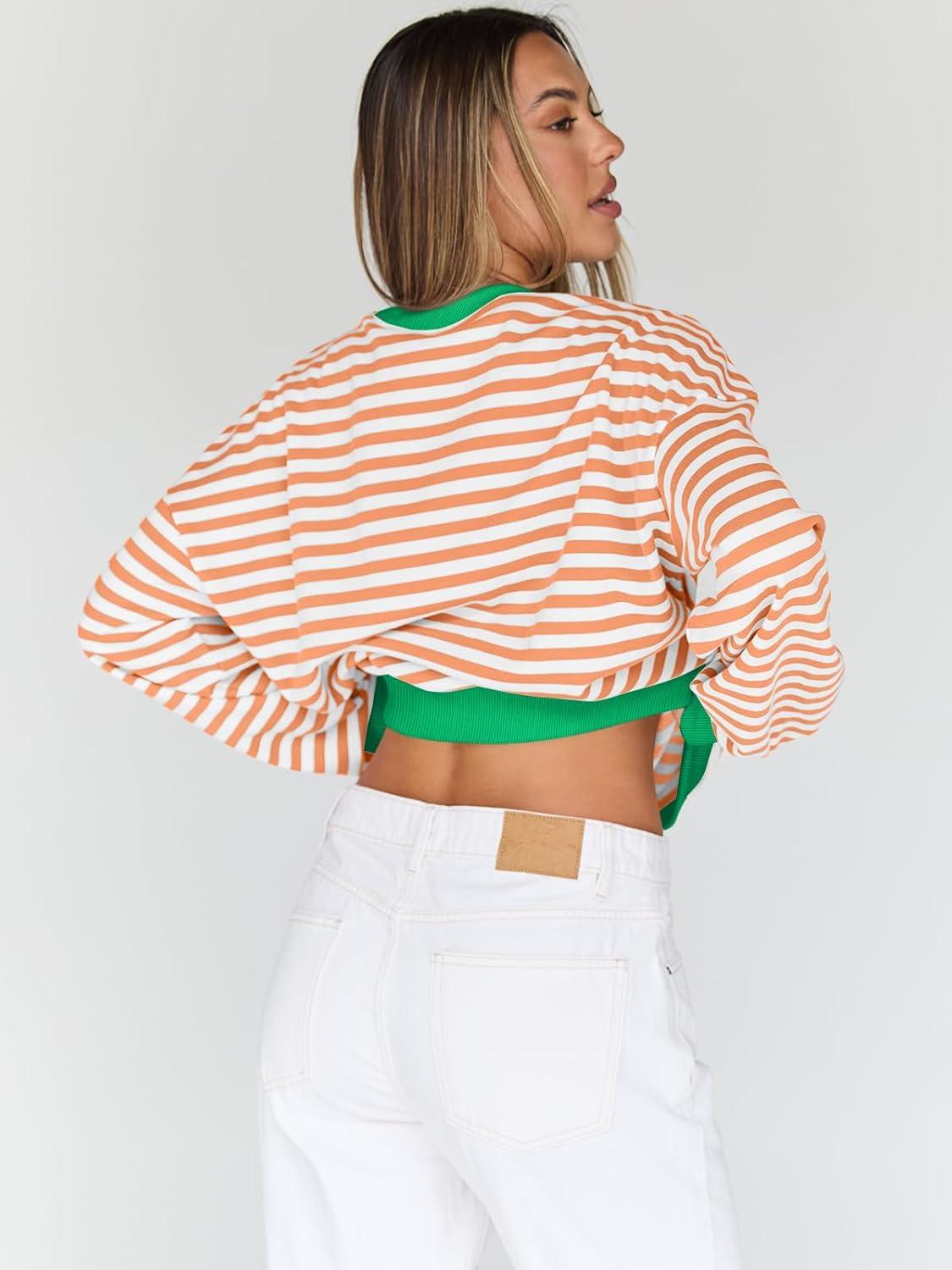 imageTrendy Queen Oversized Sweatshirt for Women 2025 Fall Crewneck Striped Long Sleeve Shirts Hoodies Cute Top Y2K OutfitsOrangewhite