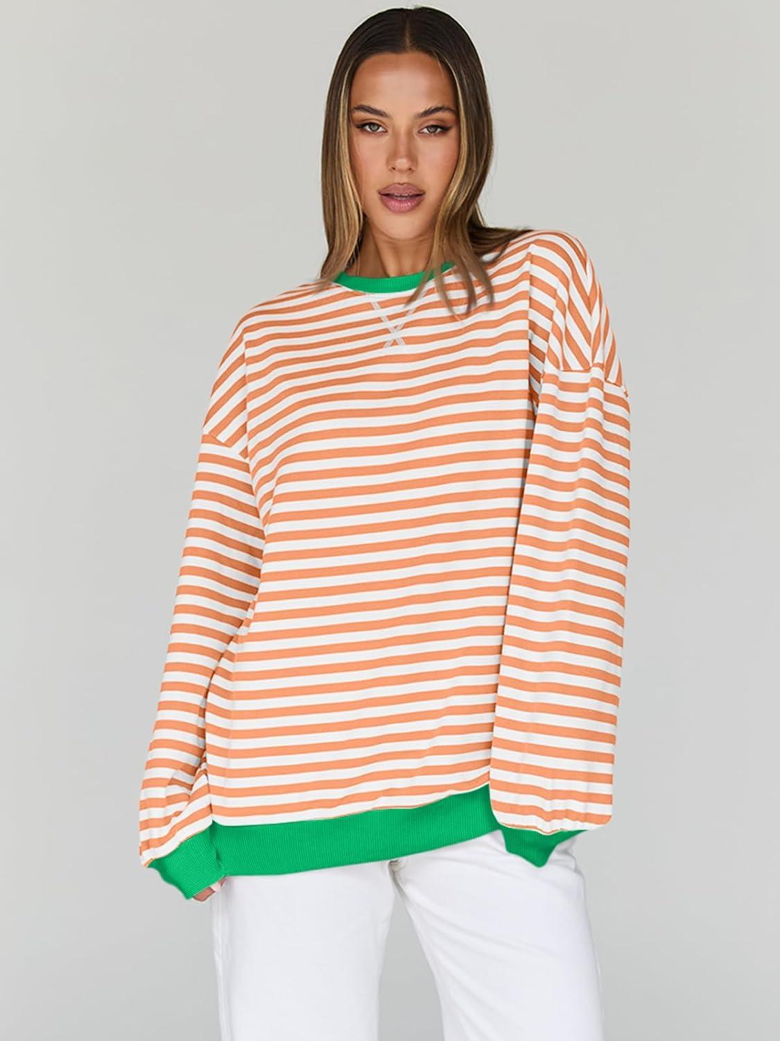 imageTrendy Queen Oversized Sweatshirt for Women 2025 Fall Crewneck Striped Long Sleeve Shirts Hoodies Cute Top Y2K OutfitsOrangewhite