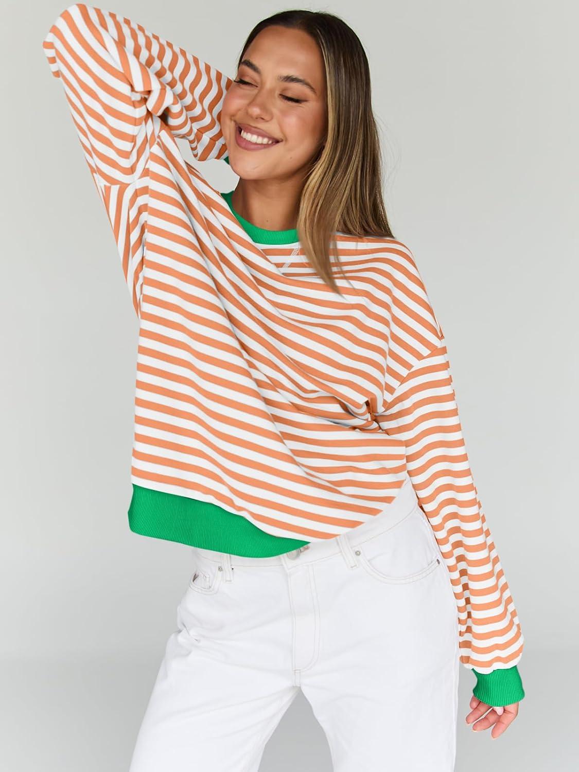 imageTrendy Queen Oversized Sweatshirt for Women 2025 Fall Crewneck Striped Long Sleeve Shirts Hoodies Cute Top Y2K OutfitsOrangewhite