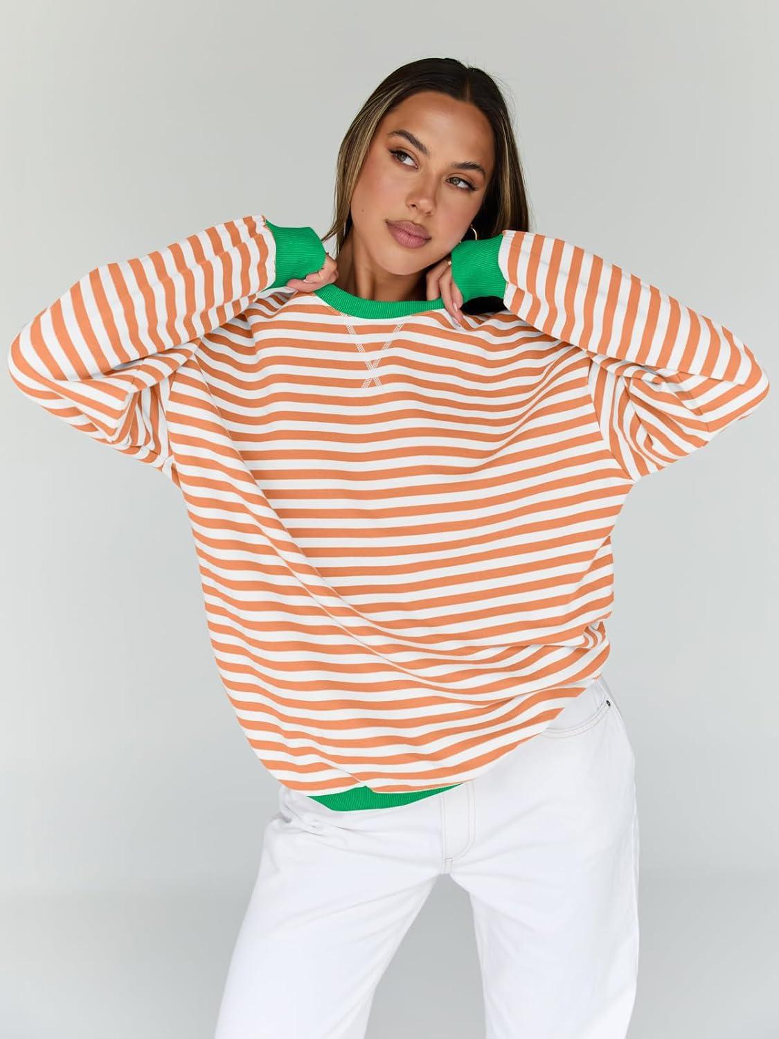 imageTrendy Queen Oversized Sweatshirt for Women 2025 Fall Crewneck Striped Long Sleeve Shirts Hoodies Cute Top Y2K OutfitsOrangewhite