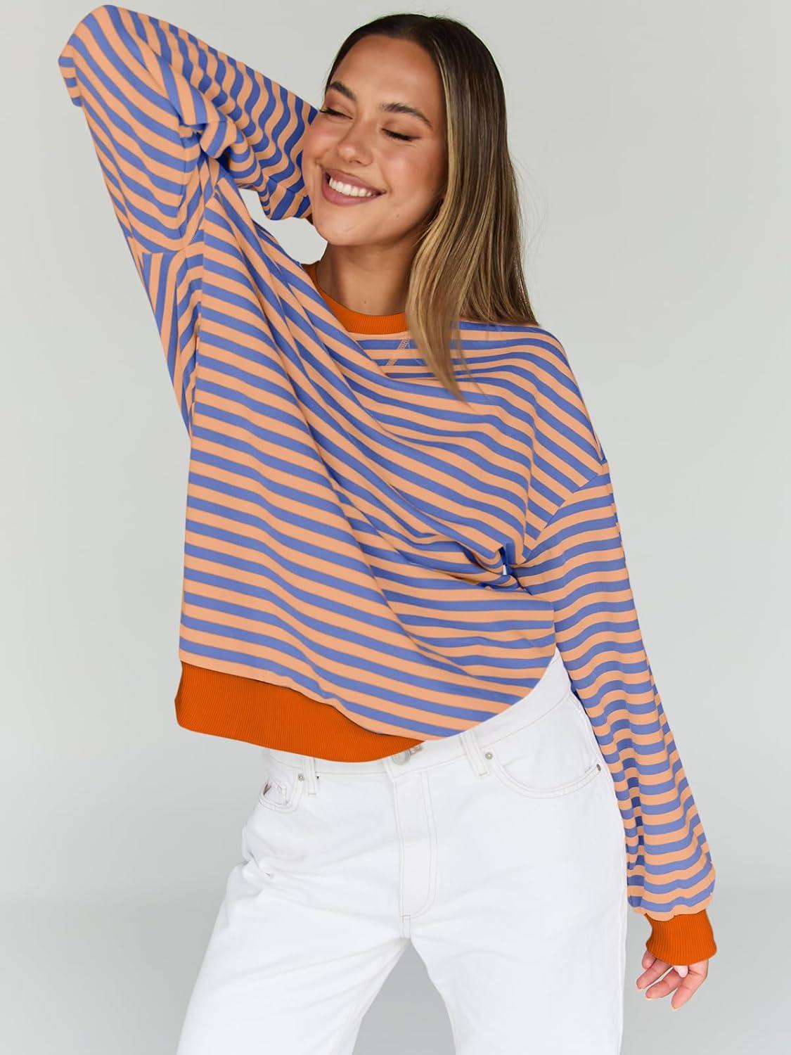 imageTrendy Queen Oversized Sweatshirt for Women 2025 Fall Crewneck Striped Long Sleeve Shirts Hoodies Cute Top Y2K OutfitsPinkblue