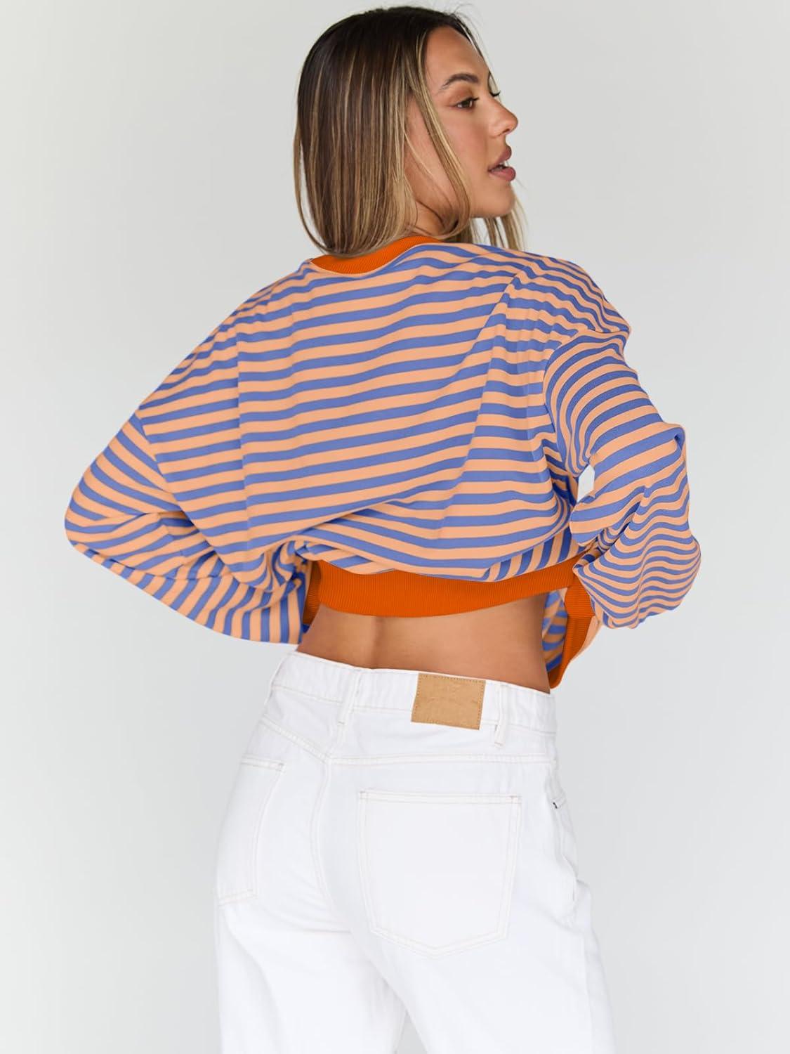 imageTrendy Queen Oversized Sweatshirt for Women 2025 Fall Crewneck Striped Long Sleeve Shirts Hoodies Cute Top Y2K OutfitsPinkblue