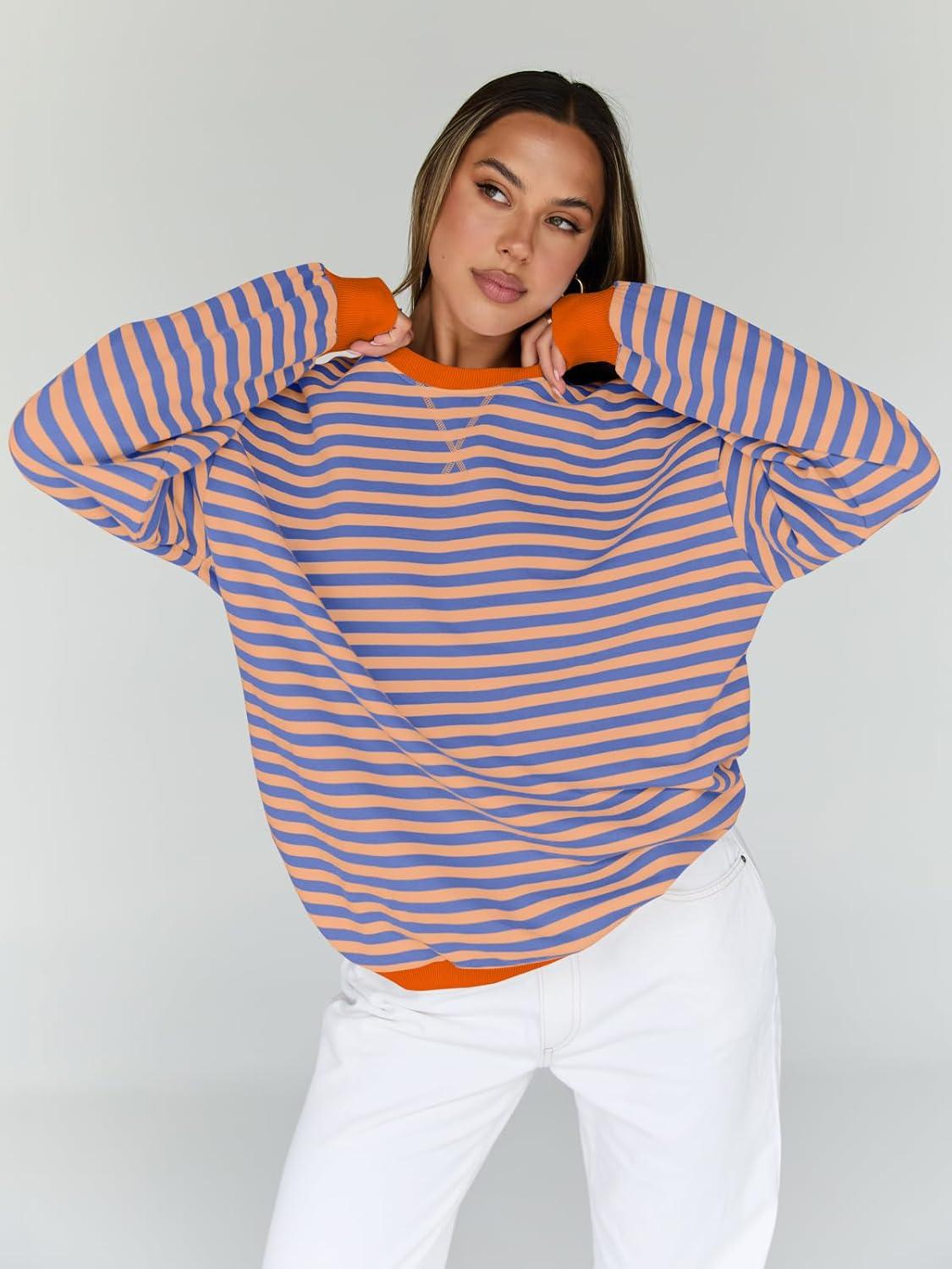 imageTrendy Queen Oversized Sweatshirt for Women 2025 Fall Crewneck Striped Long Sleeve Shirts Hoodies Cute Top Y2K OutfitsPinkblue
