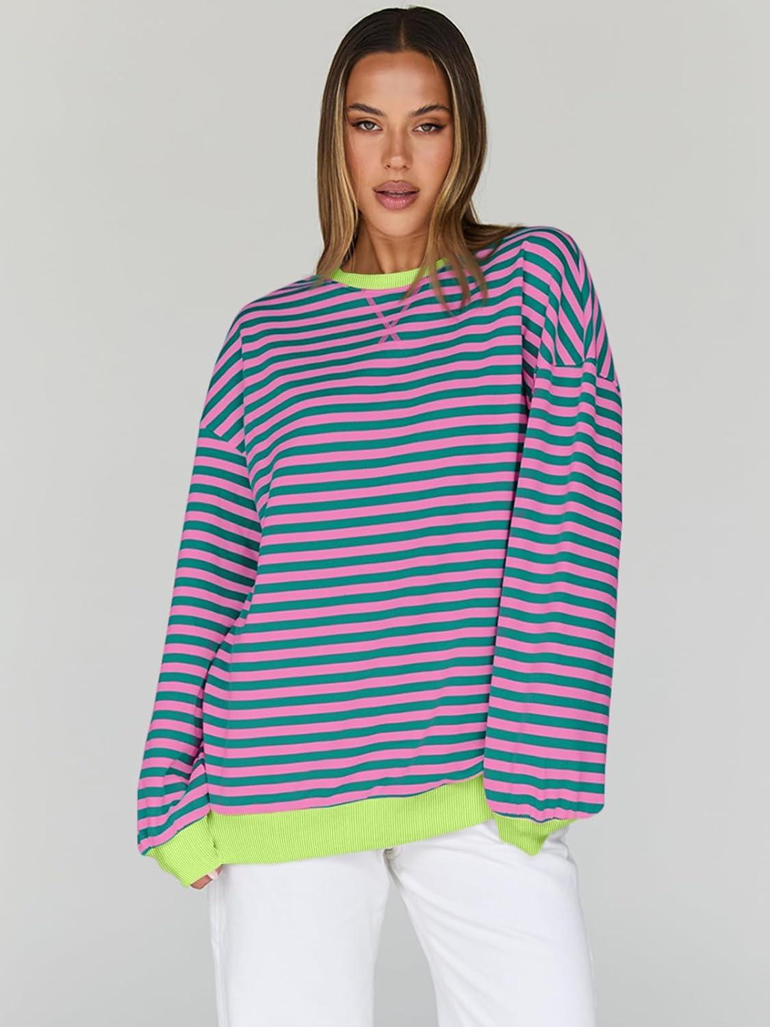 imageTrendy Queen Oversized Sweatshirt for Women 2025 Fall Crewneck Striped Long Sleeve Shirts Hoodies Cute Top Y2K OutfitsPinkgreen