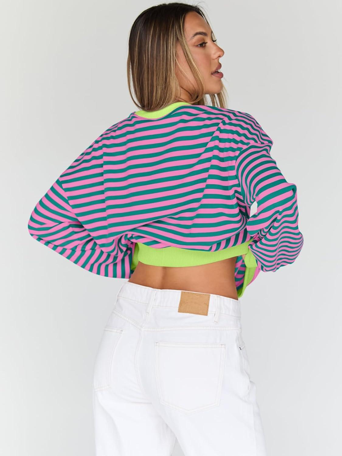 imageTrendy Queen Oversized Sweatshirt for Women 2025 Fall Crewneck Striped Long Sleeve Shirts Hoodies Cute Top Y2K OutfitsPinkgreen