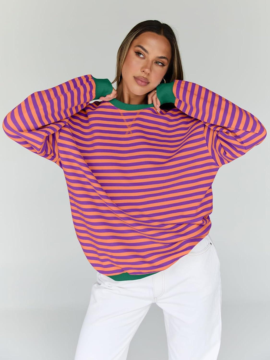 imageTrendy Queen Oversized Sweatshirt for Women 2025 Fall Crewneck Striped Long Sleeve Shirts Hoodies Cute Top Y2K OutfitsPurpleyellow