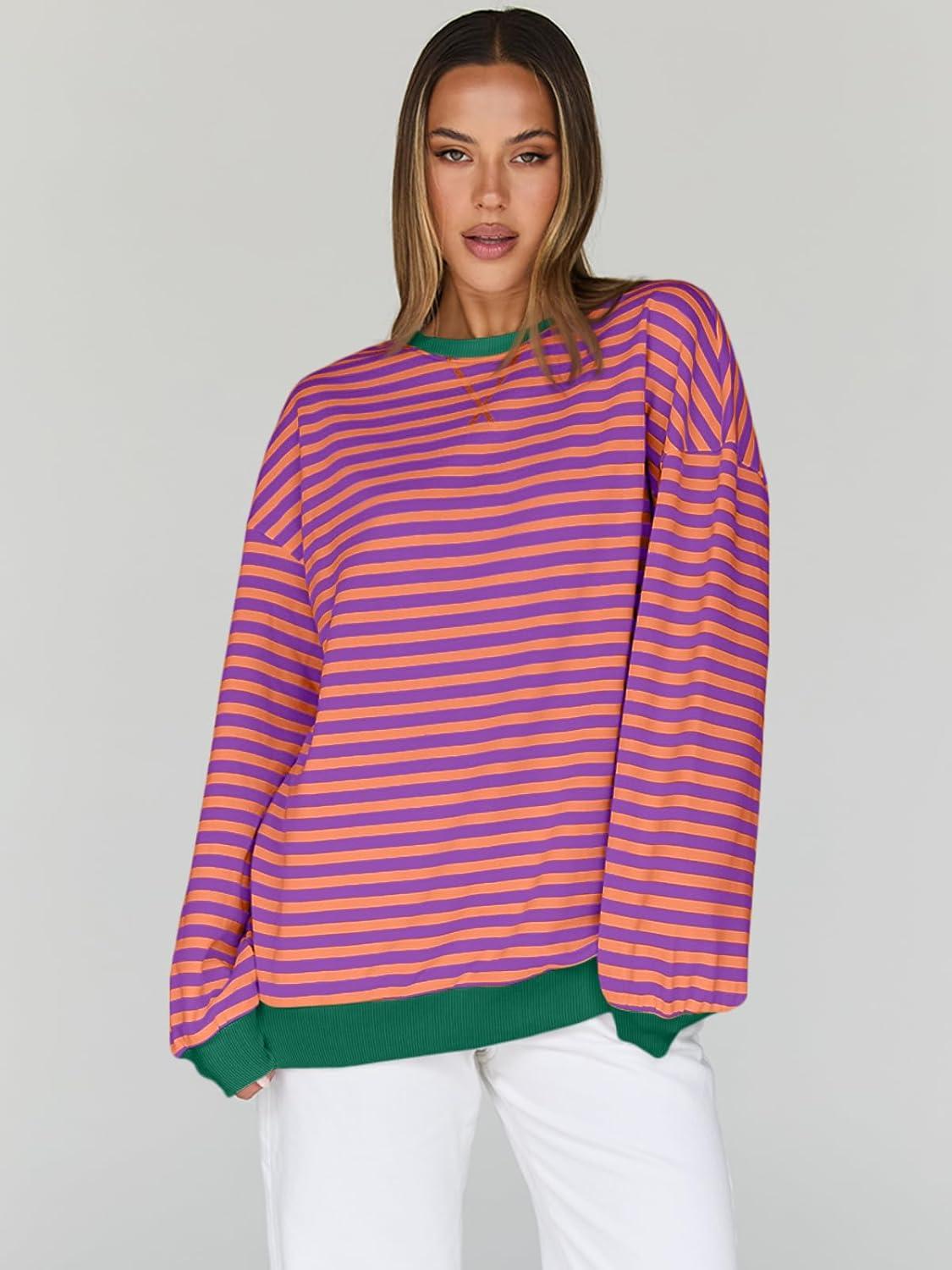 imageTrendy Queen Oversized Sweatshirt for Women 2025 Fall Crewneck Striped Long Sleeve Shirts Hoodies Cute Top Y2K OutfitsPurpleyellow