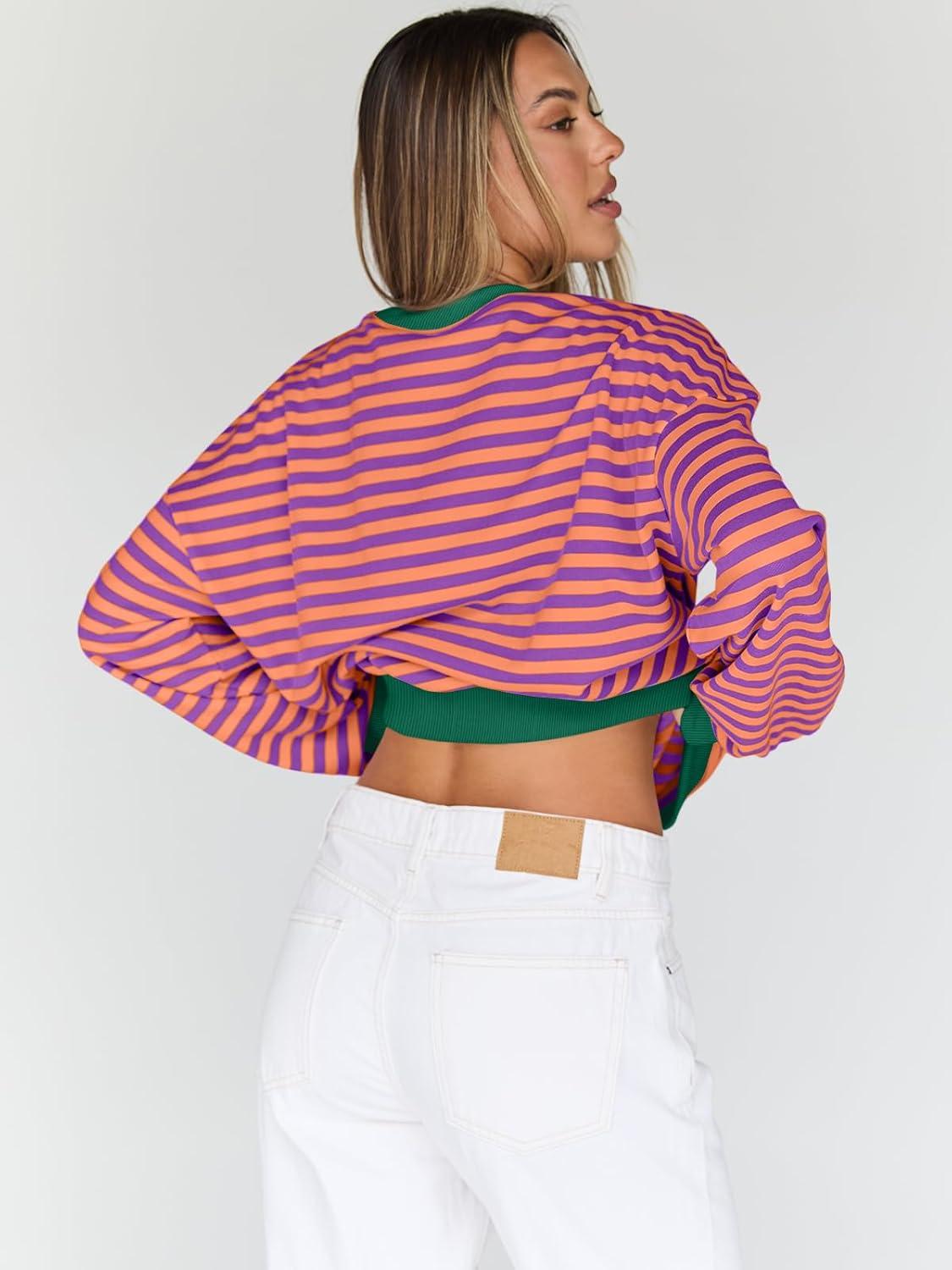 imageTrendy Queen Oversized Sweatshirt for Women 2025 Fall Crewneck Striped Long Sleeve Shirts Hoodies Cute Top Y2K OutfitsPurpleyellow