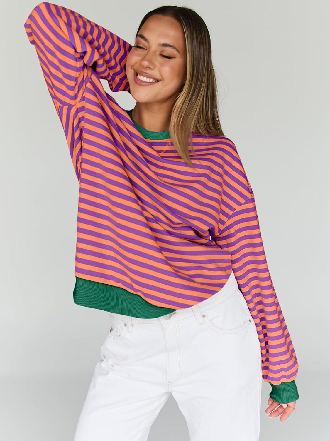 imageTrendy Queen Oversized Sweatshirt for Women 2025 Fall Crewneck Striped Long Sleeve Shirts Hoodies Cute Top Y2K OutfitsPurpleyellow