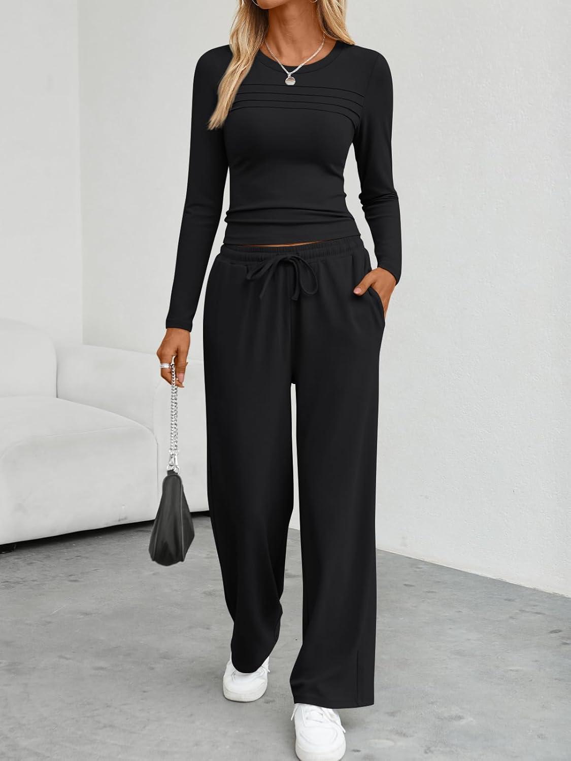 imageTrendy Queen Womens 2 Piece Matching Lounge Sets Fall Fashion Outfits 2025 Long Sleeve Top Wide Leg Pants Casual SweatsuitsBlack