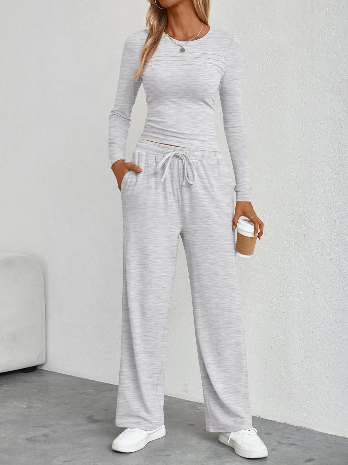 imageTrendy Queen Womens 2 Piece Matching Lounge Sets Fall Fashion Outfits 2025 Long Sleeve Top Wide Leg Pants Casual SweatsuitsGray