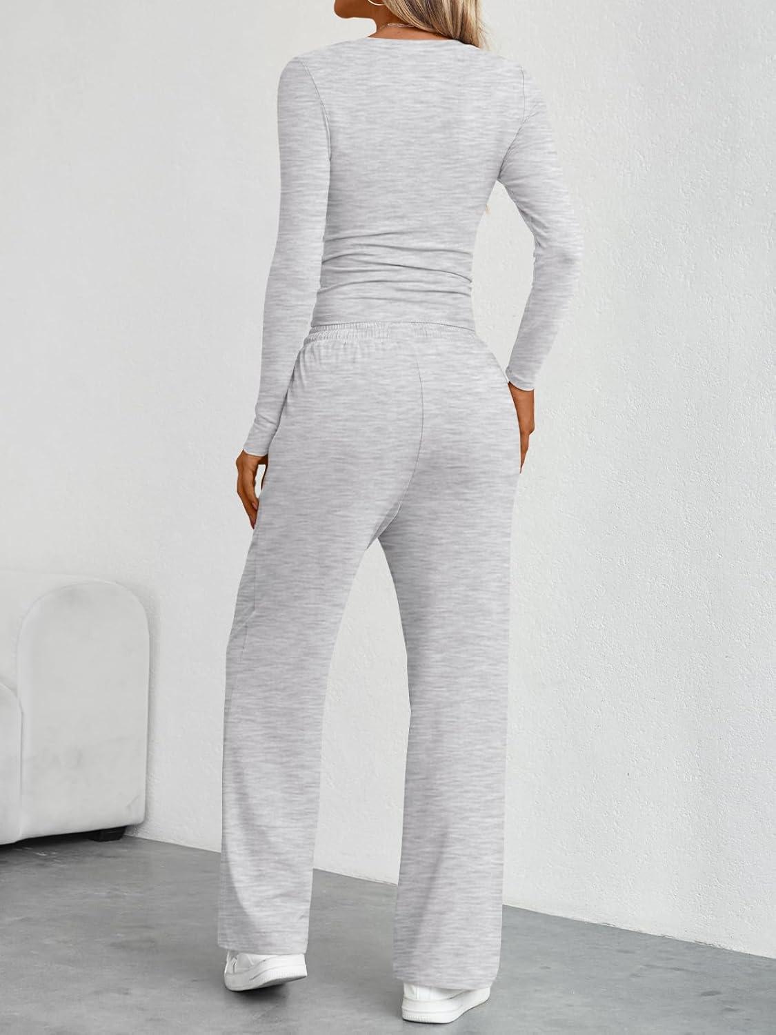 imageTrendy Queen Womens 2 Piece Matching Lounge Sets Fall Fashion Outfits 2025 Long Sleeve Top Wide Leg Pants Casual SweatsuitsGray