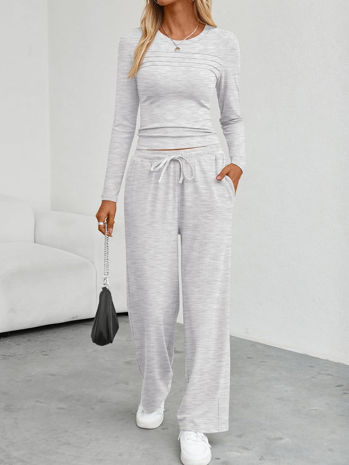 imageTrendy Queen Womens 2 Piece Matching Lounge Sets Fall Fashion Outfits 2025 Long Sleeve Top Wide Leg Pants Casual SweatsuitsGray