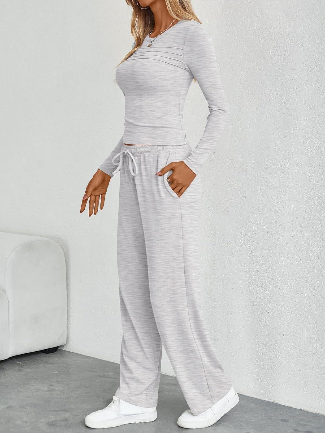 imageTrendy Queen Womens 2 Piece Matching Lounge Sets Fall Fashion Outfits 2025 Long Sleeve Top Wide Leg Pants Casual SweatsuitsGray