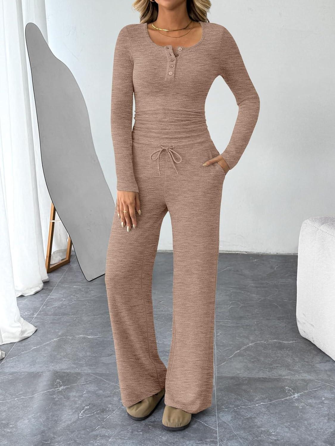 imageTrendy Queen Womens 2 Piece Matching Lounge Sets Fall Fashion Outfits Henley Neck Sweater Top Wide Leg Pants Sweat SuitsBrown