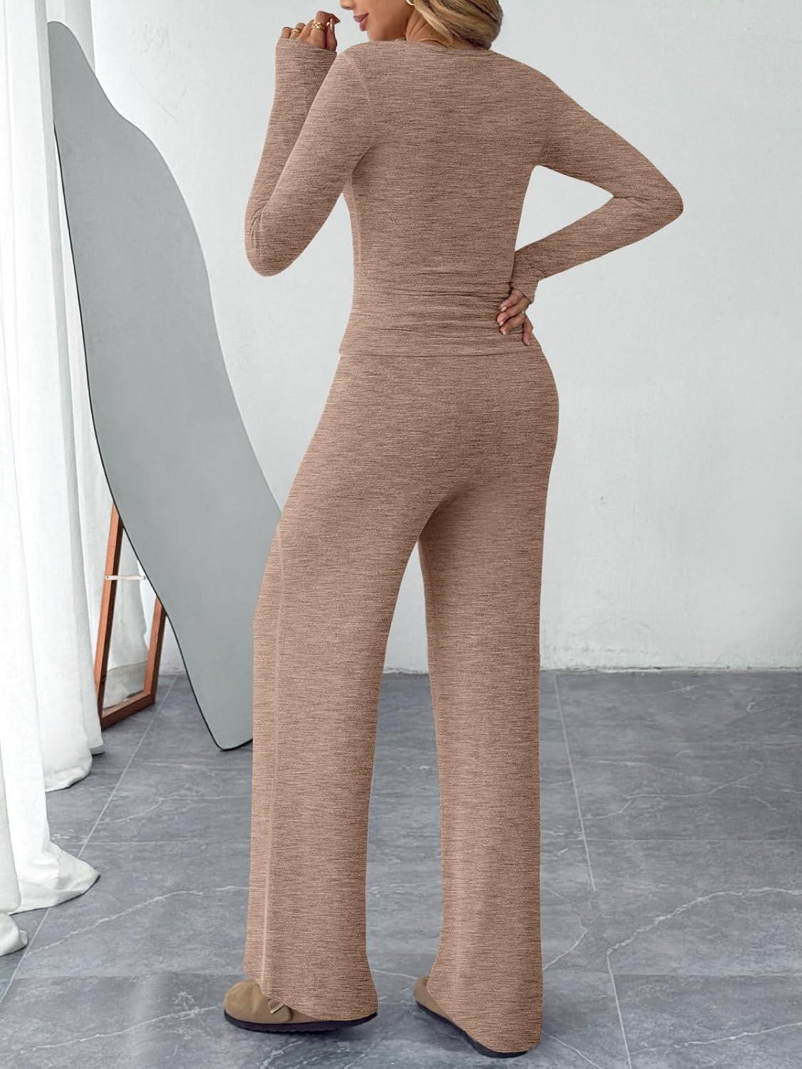 imageTrendy Queen Womens 2 Piece Matching Lounge Sets Fall Fashion Outfits Henley Neck Sweater Top Wide Leg Pants Sweat SuitsBrown