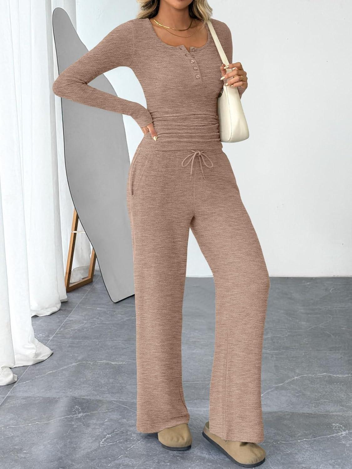 imageTrendy Queen Womens 2 Piece Matching Lounge Sets Fall Fashion Outfits Henley Neck Sweater Top Wide Leg Pants Sweat SuitsBrown