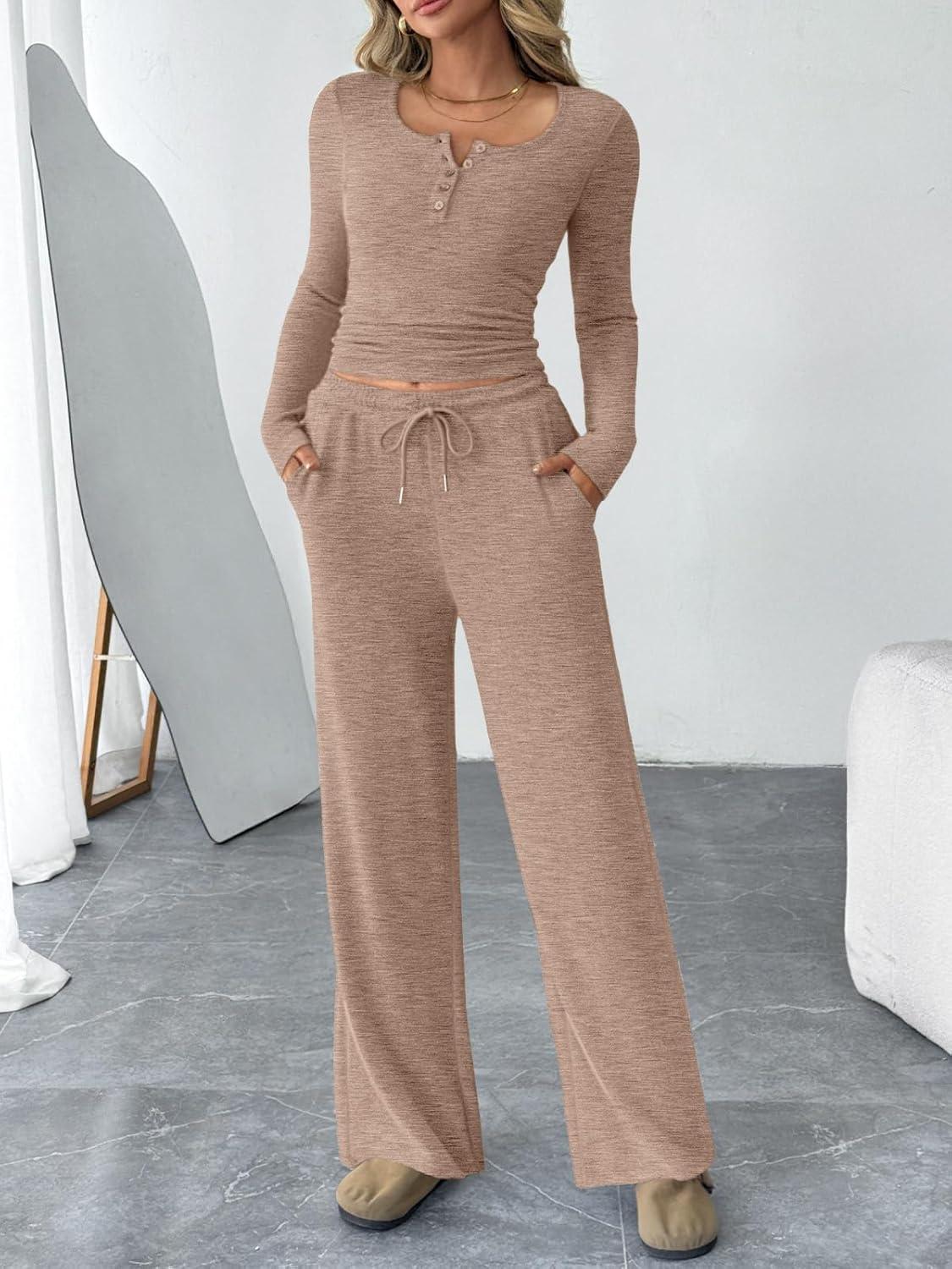 imageTrendy Queen Womens 2 Piece Matching Lounge Sets Fall Fashion Outfits Henley Neck Sweater Top Wide Leg Pants Sweat SuitsBrown