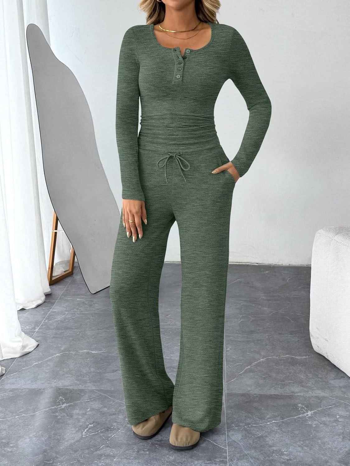 imageTrendy Queen Womens 2 Piece Matching Lounge Sets Fall Fashion Outfits Henley Neck Sweater Top Wide Leg Pants Sweat SuitsGreen