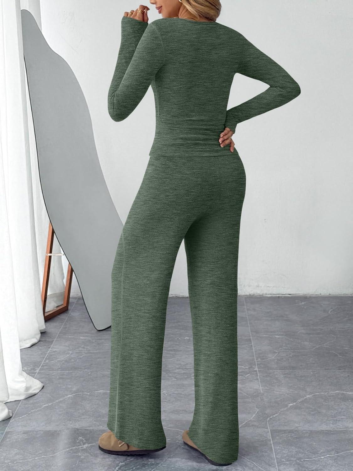 imageTrendy Queen Womens 2 Piece Matching Lounge Sets Fall Fashion Outfits Henley Neck Sweater Top Wide Leg Pants Sweat SuitsGreen