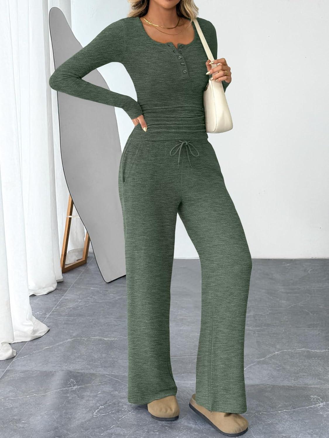 imageTrendy Queen Womens 2 Piece Matching Lounge Sets Fall Fashion Outfits Henley Neck Sweater Top Wide Leg Pants Sweat SuitsGreen