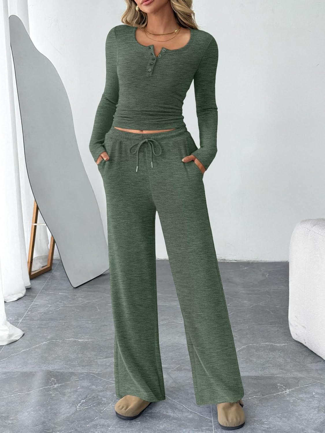 imageTrendy Queen Womens 2 Piece Matching Lounge Sets Fall Fashion Outfits Henley Neck Sweater Top Wide Leg Pants Sweat SuitsGreen