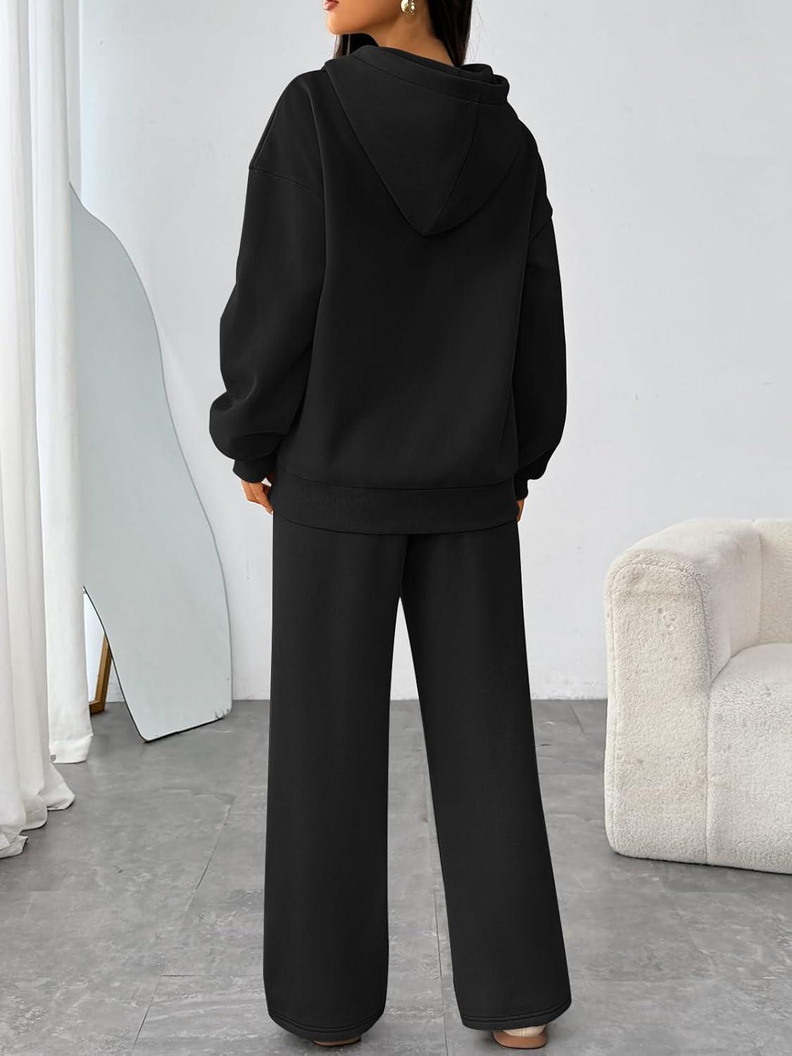 imageTrendy Queen Womens 2 Piece Outfits Lounge Fall Fashion Sets Oversized Sweatshirts Wide Leg Pants Sweatsuits Winter ClothesBlack