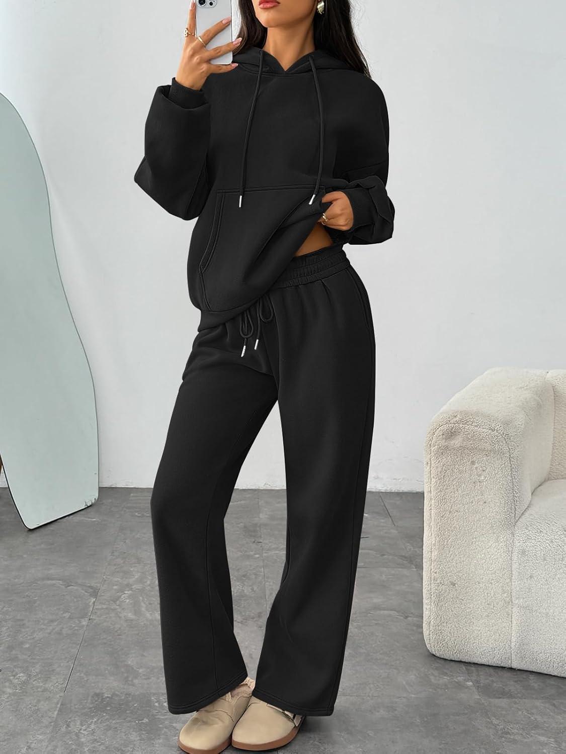 imageTrendy Queen Womens 2 Piece Outfits Lounge Fall Fashion Sets Oversized Sweatshirts Wide Leg Pants Sweatsuits Winter ClothesBlack