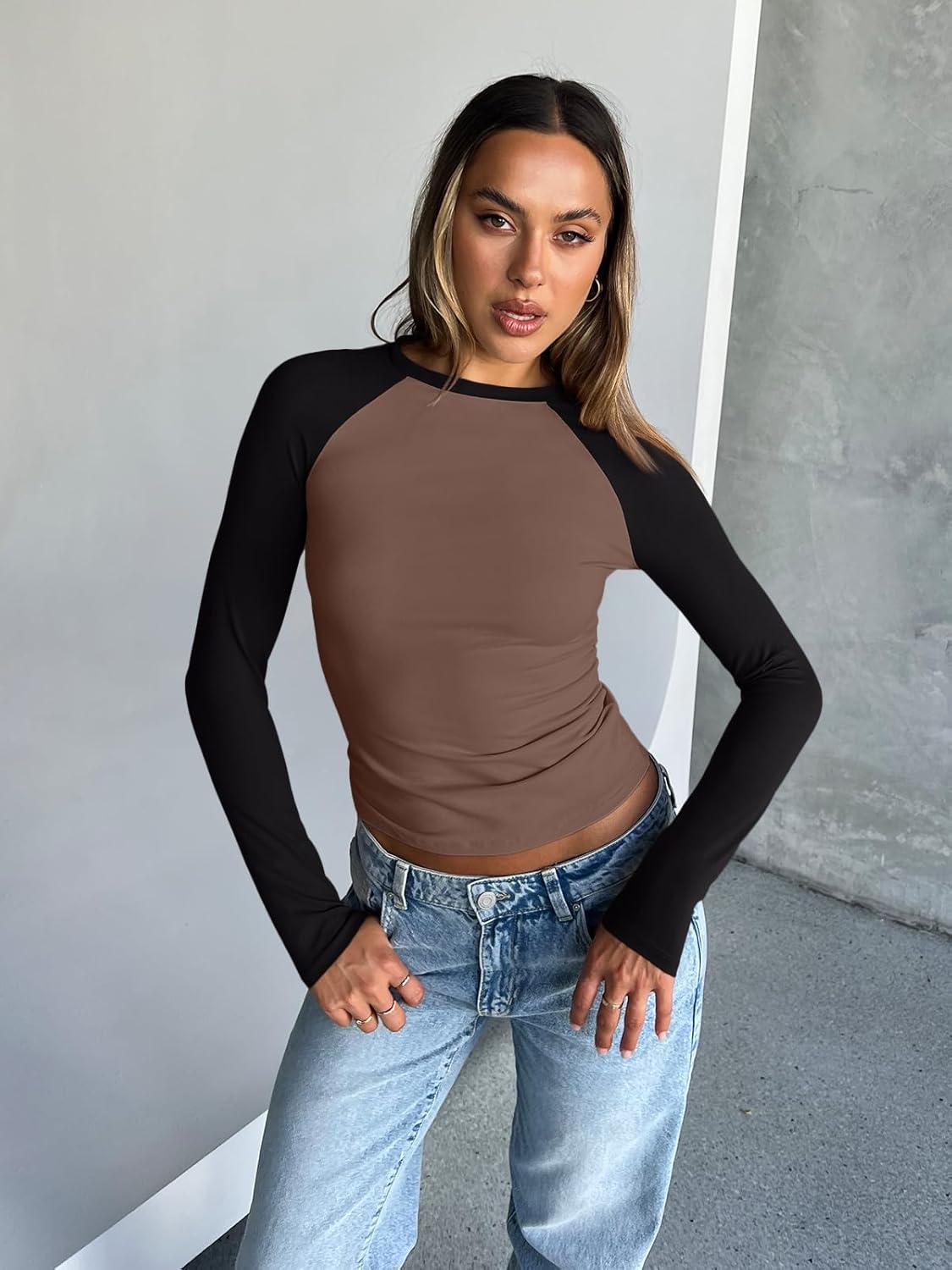 imageTrendy Queen Womens Long Sleeve Shirts Slim Fit Stretchy Color Block Slightly Cropped TopsChocolatebrown Black Combo