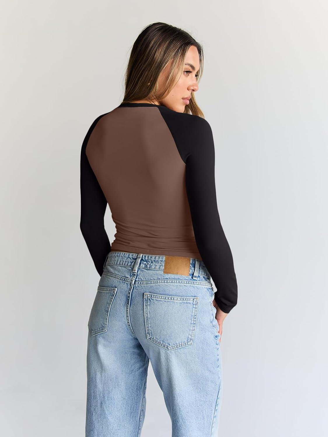 imageTrendy Queen Womens Long Sleeve Shirts Slim Fit Stretchy Color Block Slightly Cropped TopsChocolatebrown Black Combo