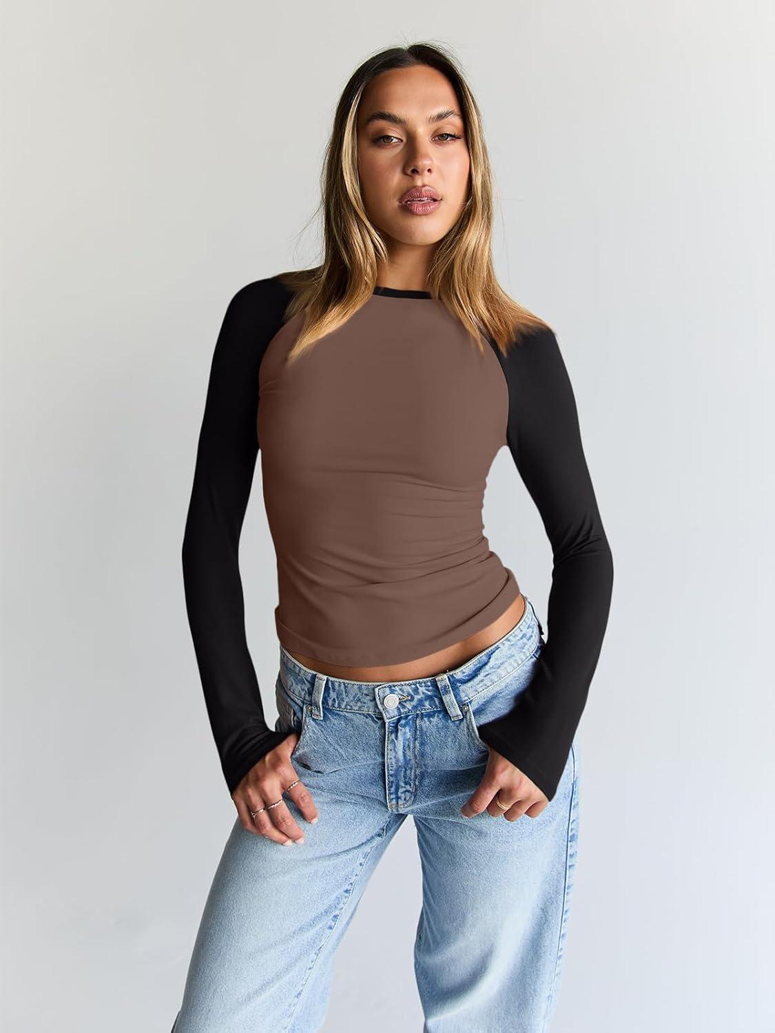 imageTrendy Queen Womens Long Sleeve Shirts Slim Fit Stretchy Color Block Slightly Cropped TopsChocolatebrown Black Combo
