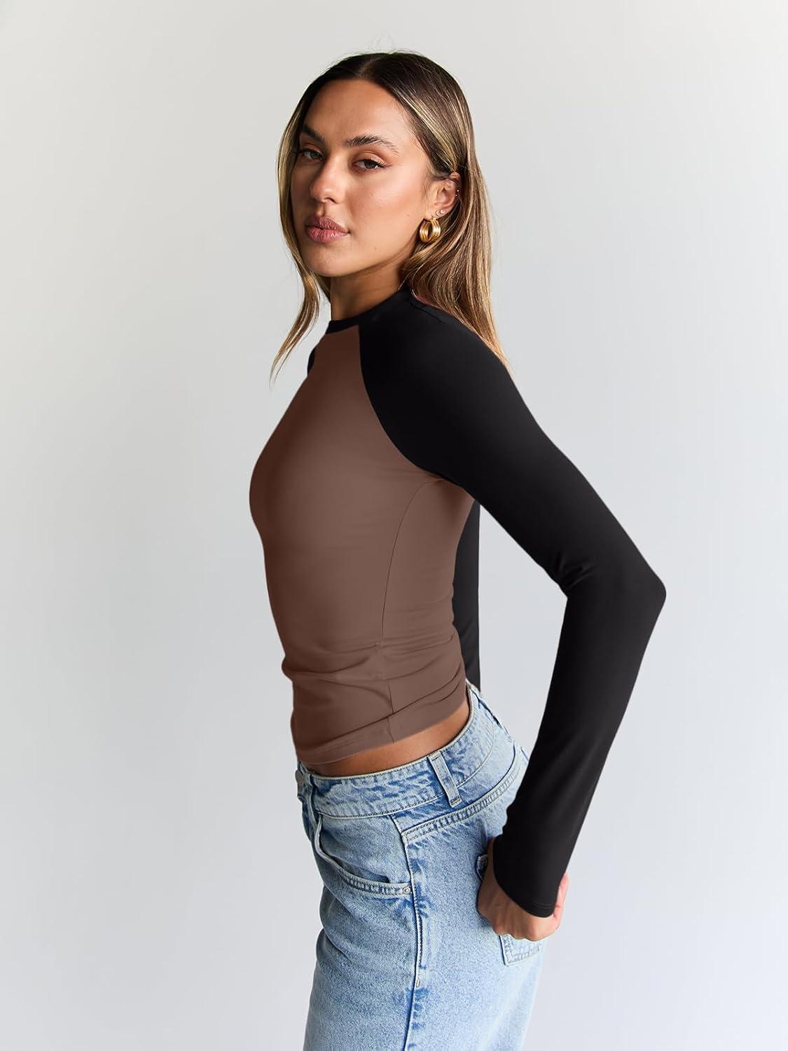 imageTrendy Queen Womens Long Sleeve Shirts Slim Fit Stretchy Color Block Slightly Cropped TopsChocolatebrown Black Combo