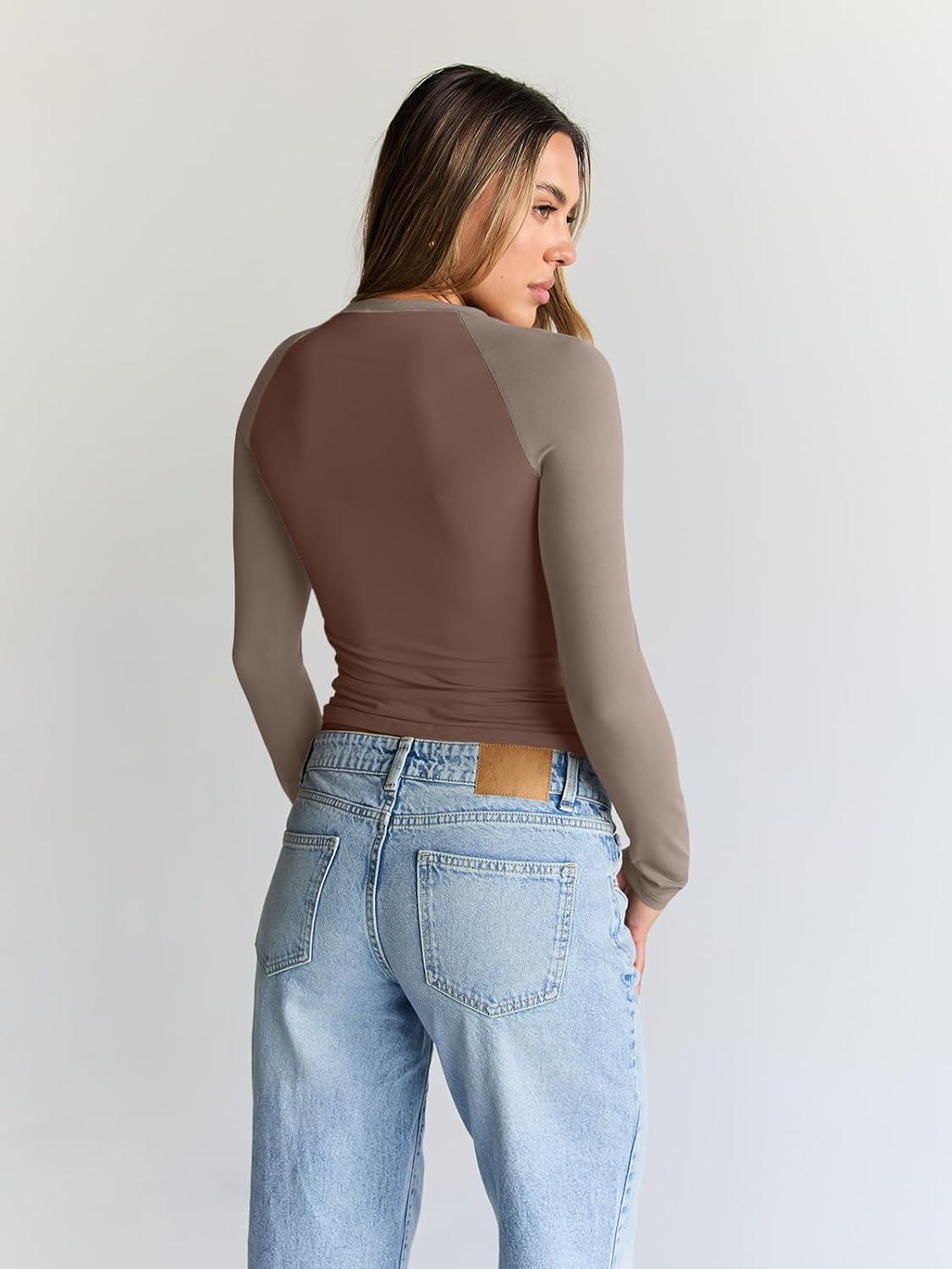 imageTrendy Queen Womens Long Sleeve Shirts Slim Fit Stretchy Color Block Slightly Cropped TopsChocolatebrown Mocha Combo