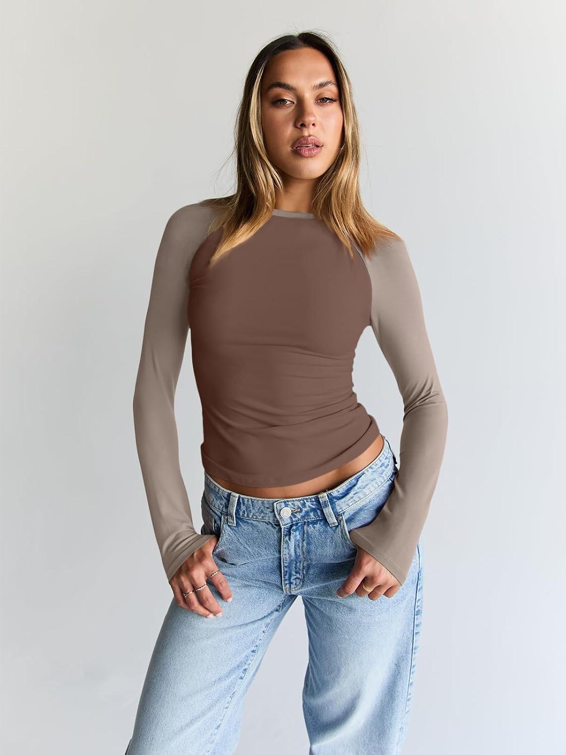 imageTrendy Queen Womens Long Sleeve Shirts Slim Fit Stretchy Color Block Slightly Cropped TopsChocolatebrown Mocha Combo